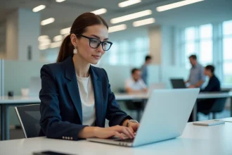 Employée Auchan consultant le portail RH sécurisé HR4YOU sur son ordinateur portable en open space