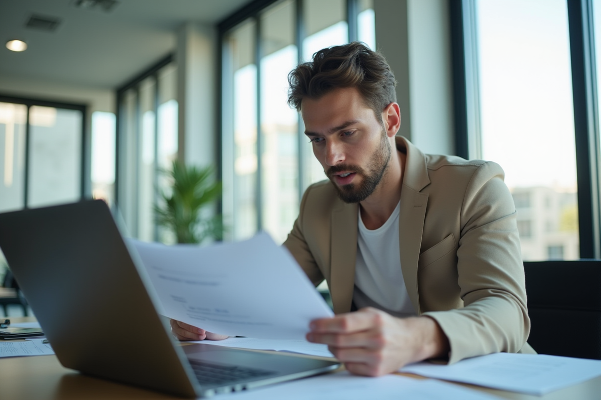 Employe au bureau lisant un document avec expression inquiète