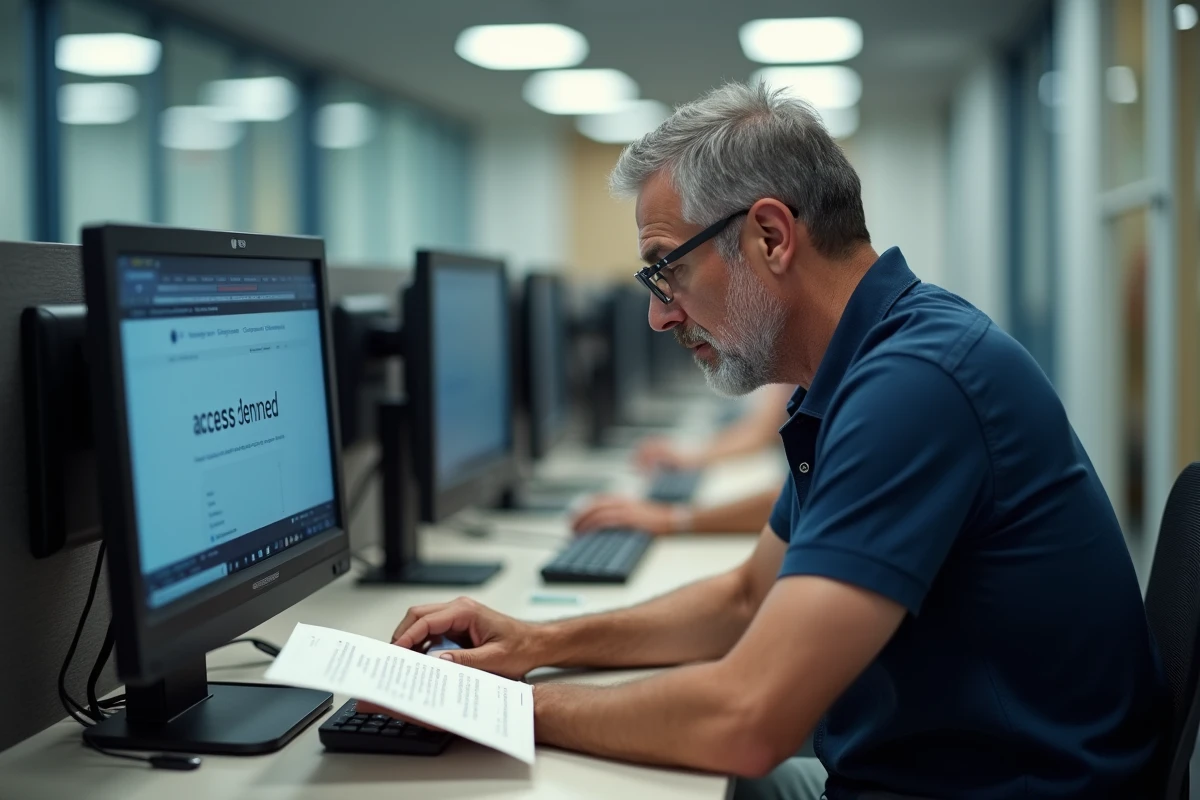 Employé devant un ordinateur de bureau avec un message d'erreur d'accès à un compte extranet