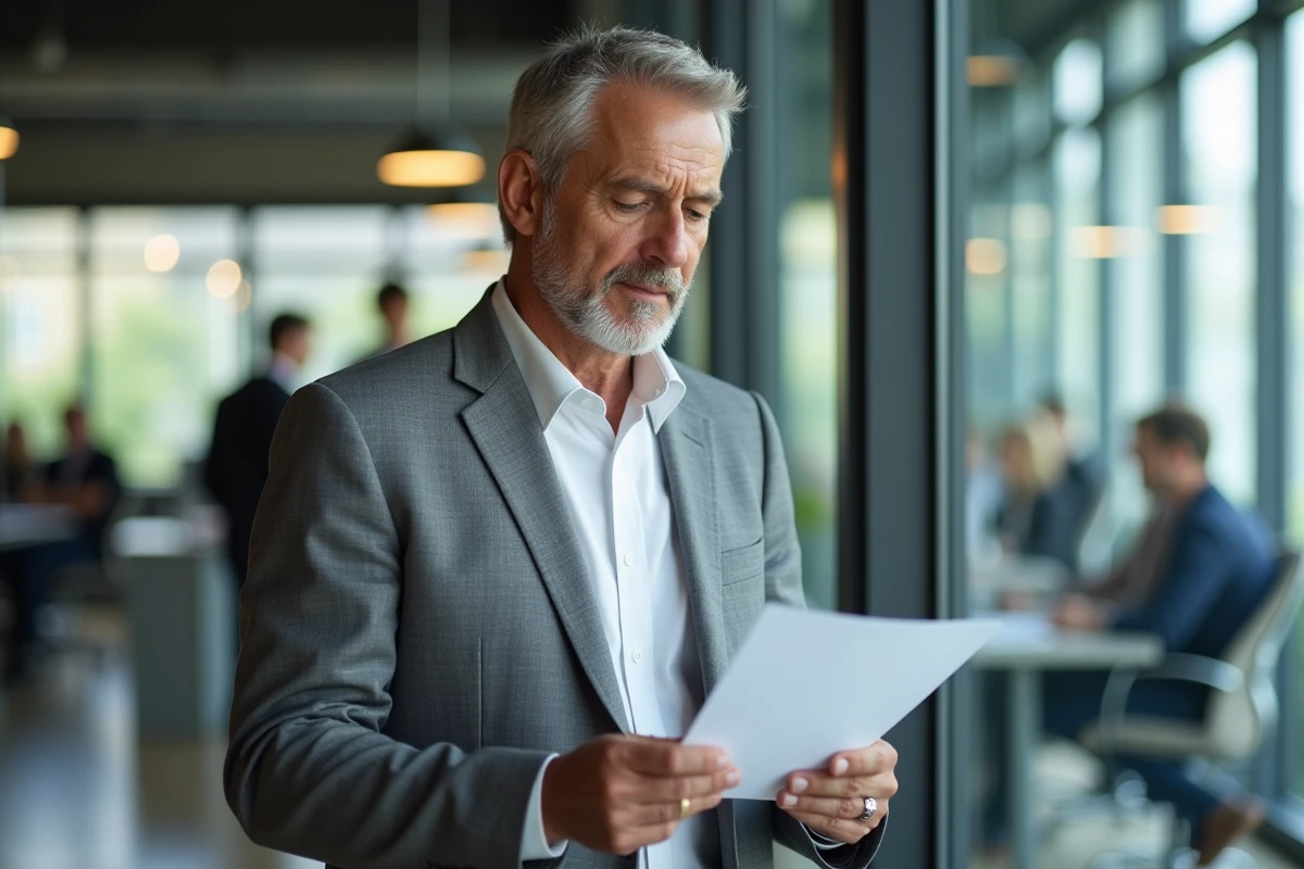 Employé expérimenté relisant sa demande de rupture conventionnelle dans un bureau moderne avant de la soumettre à son employeur
