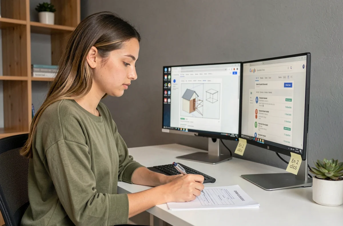 En 2 clics agence web : chef de projet féminine gérant une stratégie de référencement depuis un bureau d'agence moderne et minimaliste