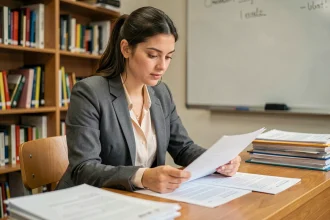 Jeune enseignante titulaire consultant son calendrier de paie de l'Éducation nationale dans une salle des professeurs