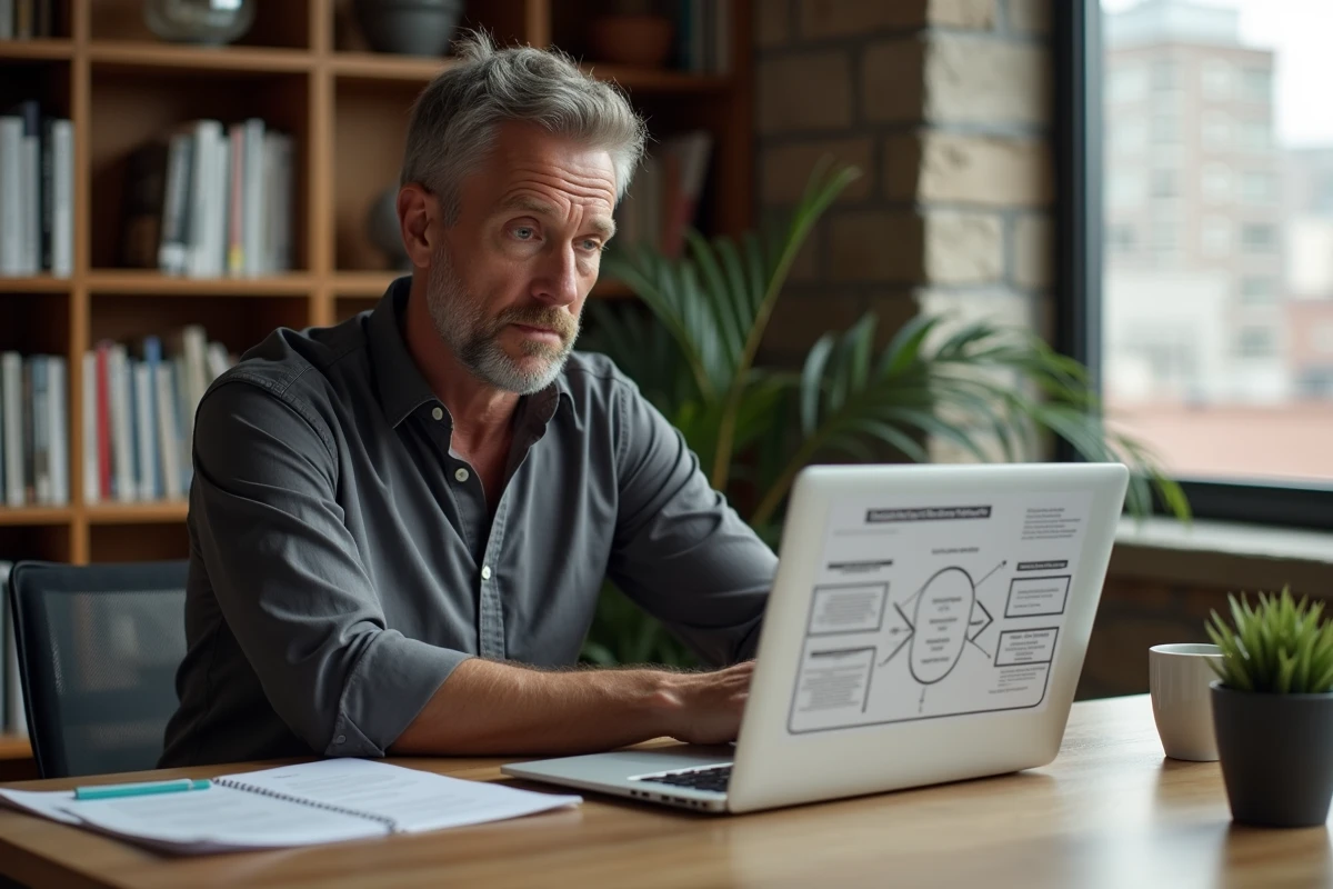 Entrepreneur masculin analysant un cadre marketing structuré sur ordinateur portable dans un bureau à domicile chaleureux avec bibliothèque professionnelle