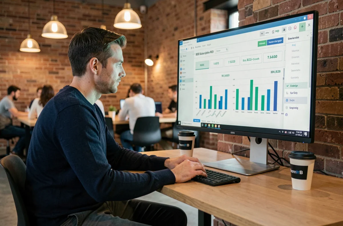 Entrepreneur analysant seul les chiffres de retour sur investissement d'un abonnement Mon Cercle B2B sur un écran dans un espace de coworking