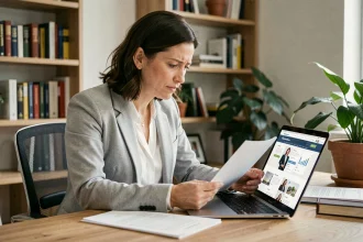 Femme entrepreneur analysant la fiabilité d'une plateforme de lancement d'activité sur son ordinateur portable