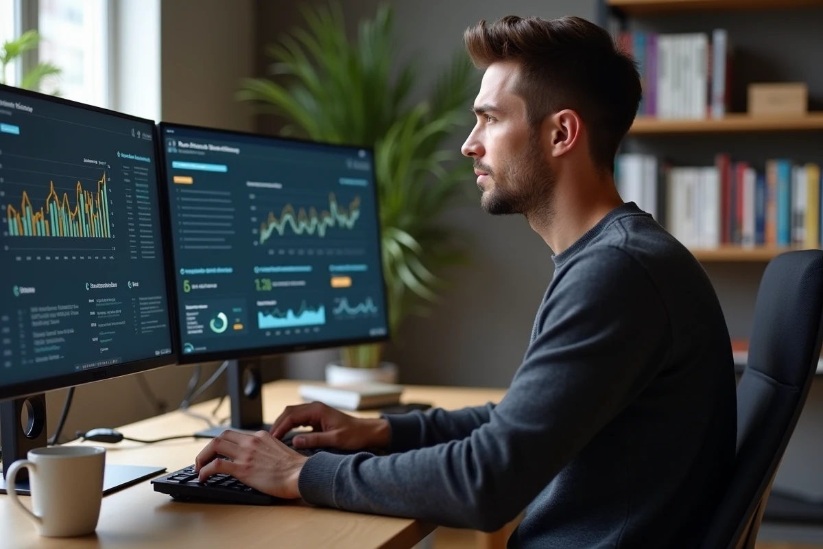 Entrepreneur examinant les données analytiques d'un investissement en article sponsorisé sur Repercom depuis son bureau