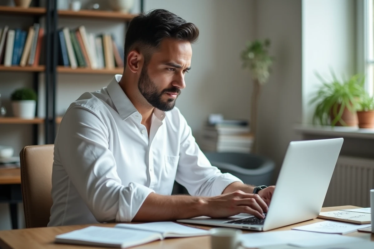 Entrepreneur évaluant une plateforme de networking B2B sur son ordinateur portable dans un bureau à domicile professionnel