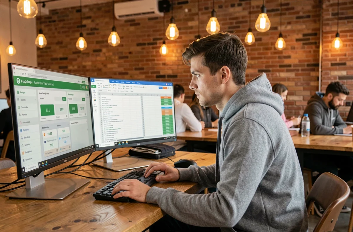 Jeune entrepreneur indépendant calculant ses obligations fiscales liées aux transactions RobTheCoins dans un espace de coworking