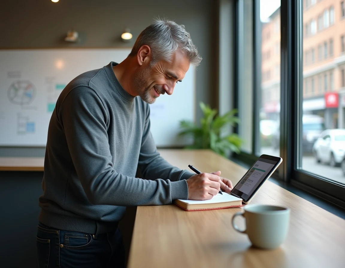 Entrepreneur masculin prenant des notes sur les dispositifs d'aide à la création d'entreprise en France