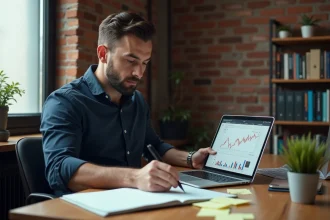 Entrepreneur masculin travaillant sur son side project depuis un bureau à domicile avec un laptop et des notes manuscrites