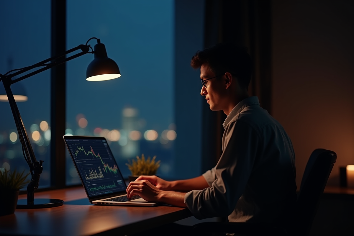 Entrepreneur seul tard le soir dans un bureau minimaliste avec ordinateur