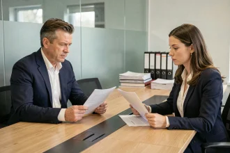 Entretien disciplinaire entre un responsable RH et une salariée autour de documents officiels dans une salle de réunion d'entreprise