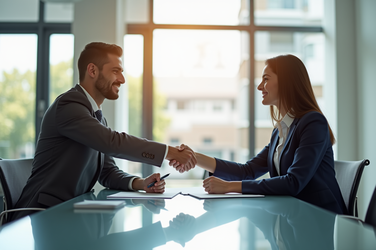 Professionnels en réunion dans un bureau lumineux pour un achat
