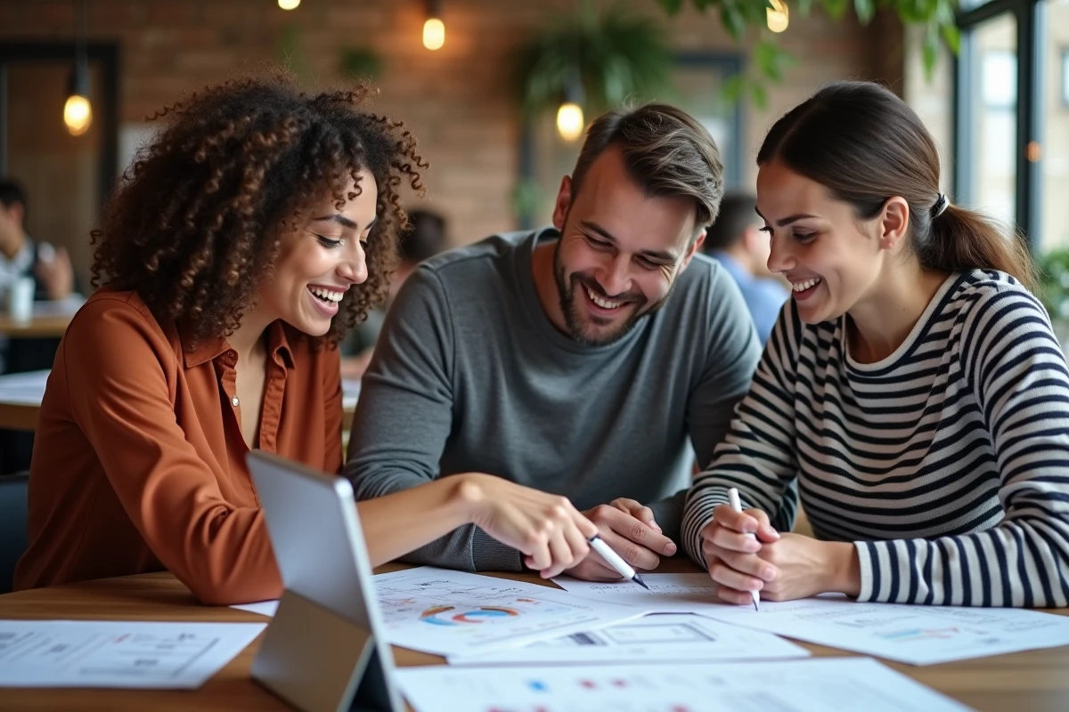 Équipe marketing multiculturelle collaborant autour d'un framework marketing en 10 étapes sur des feuilles imprimées dans un espace de coworking moderne