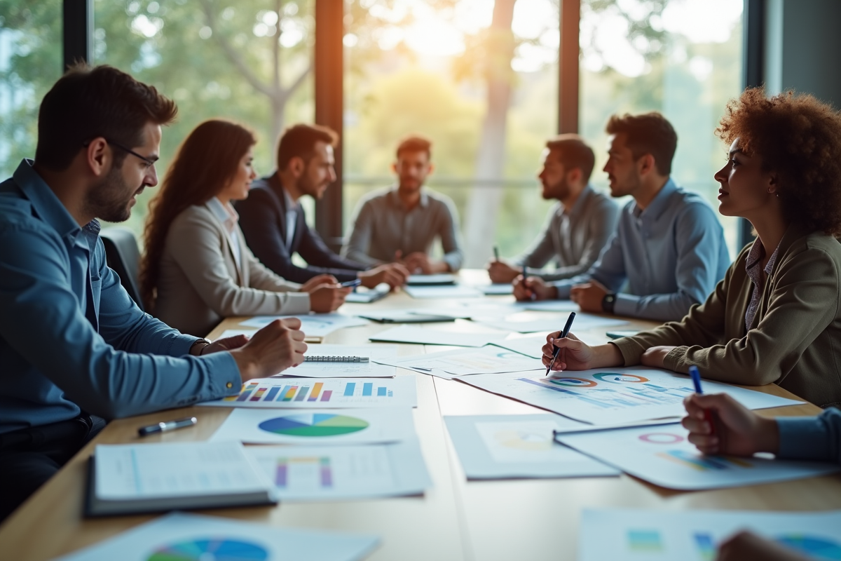 Groupe de professionnels analysant des graphiques en réunion