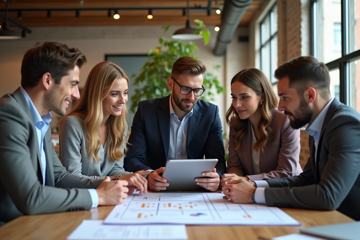 Groupe de jeunes professionnels en coworking discutant stratégie digitale