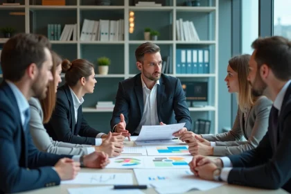 Groupe de professionnels discutant autour de graphiques PVF