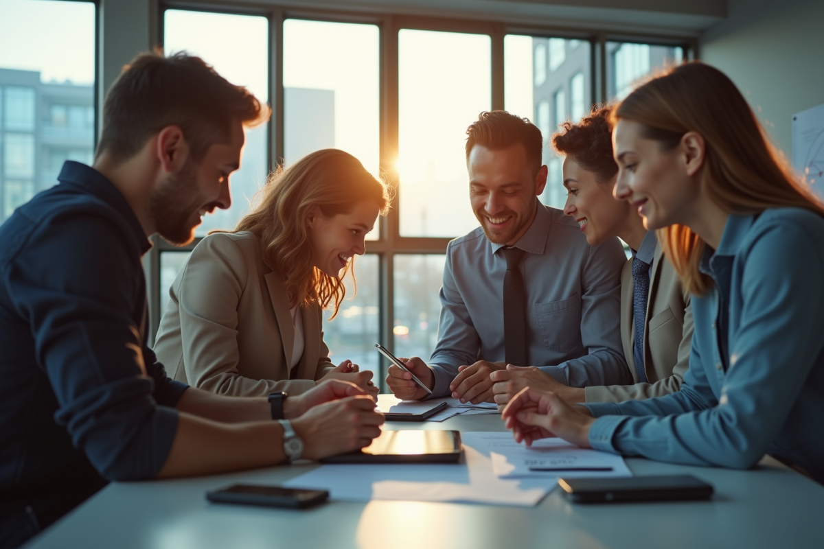 Équipe diversifiée de professionnels en brainstorming dans un espace moderne