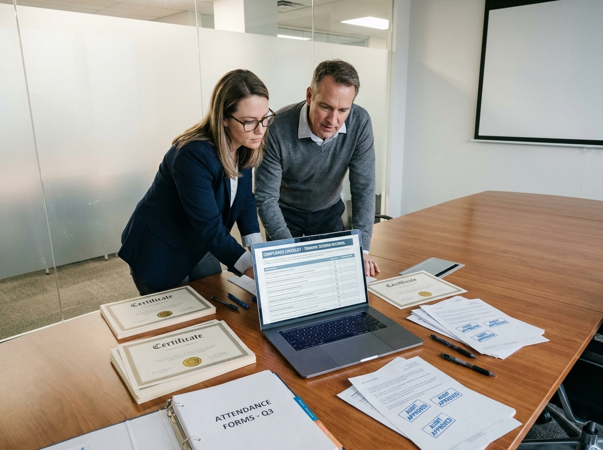 Deux professionnels en salle de réunion vérifiant un checklist de conformité administrative pour des sessions de formation avec preuves papier et outils numériques