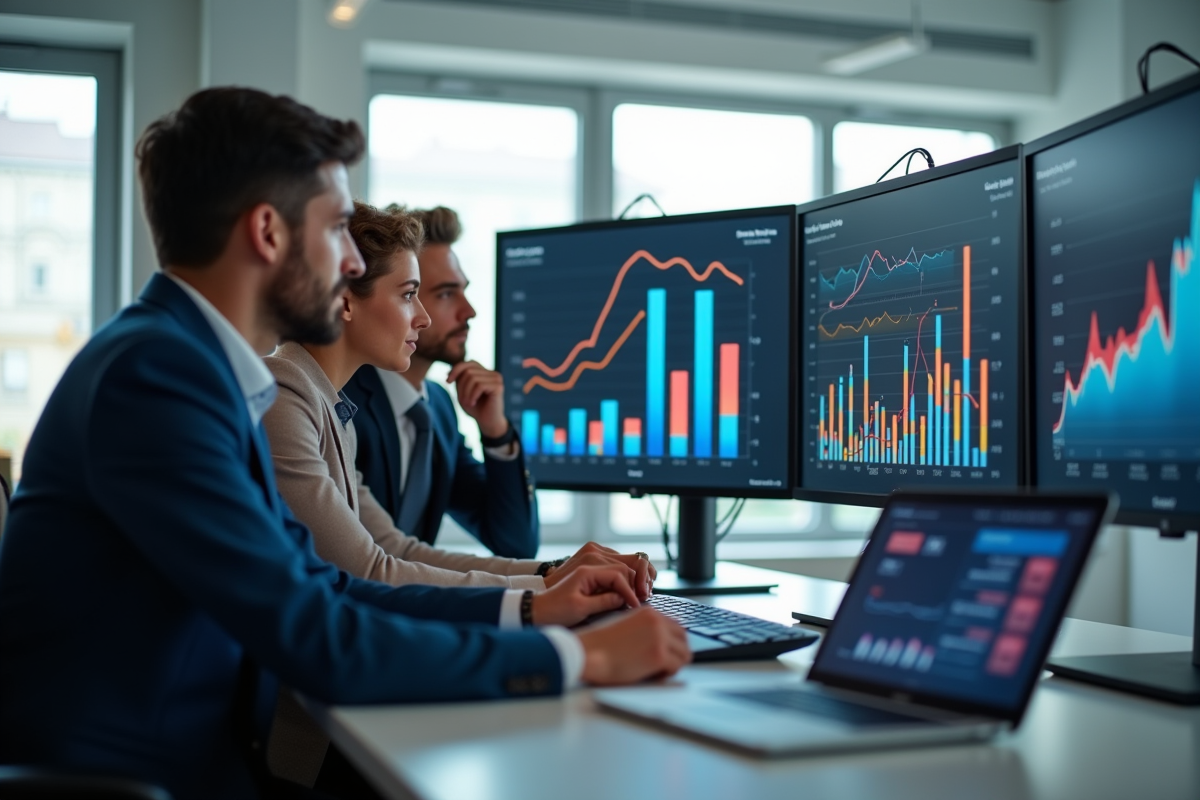 Groupe de professionnels analysant des données marketing dans un bureau lumineux