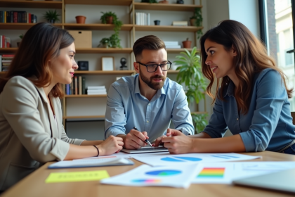 Groupe de marketeurs collaborant autour d'une table moderne