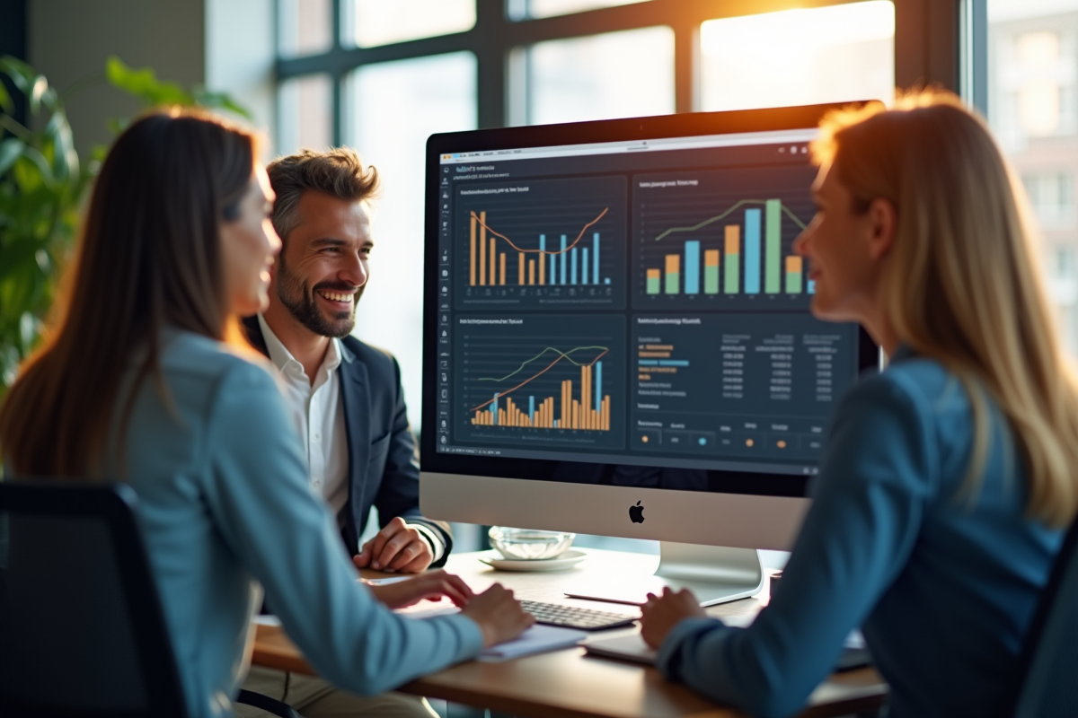 Groupe de professionnels marketing autour d un ecran avec graphiques de conversion