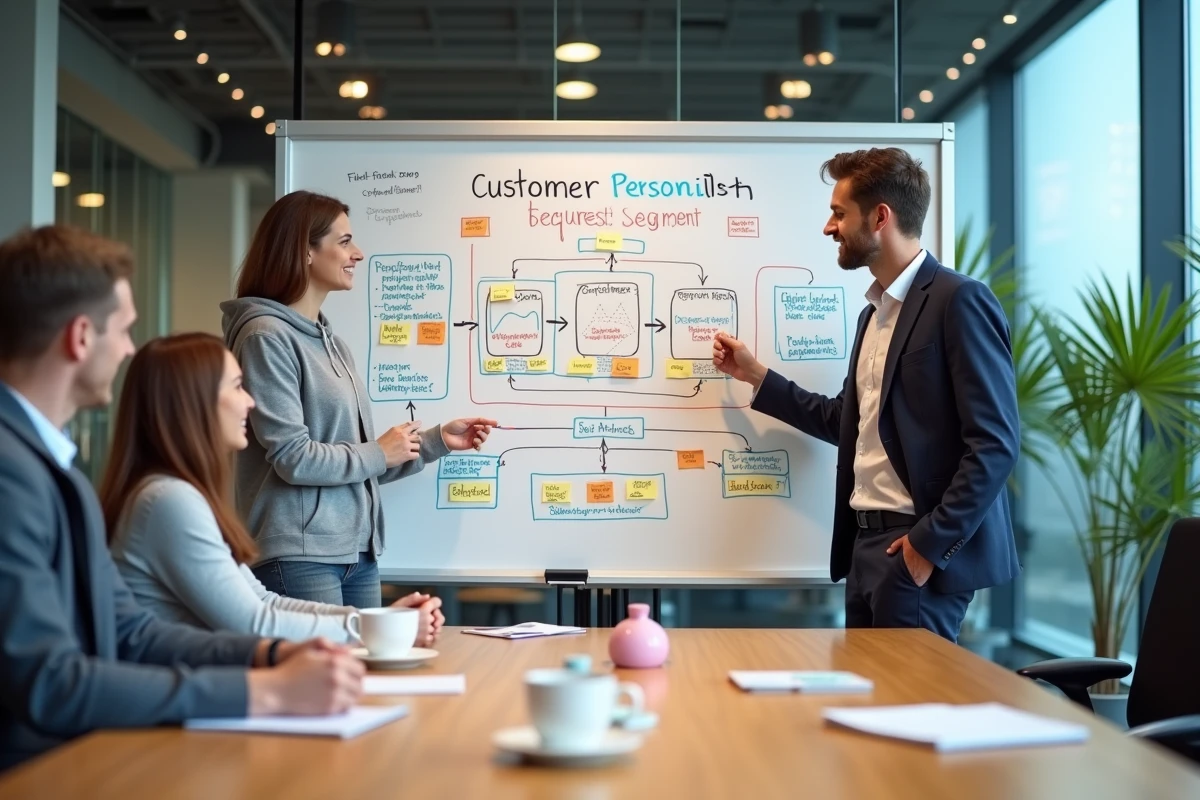 Équipe marketing en réunion définissant les critères du profil client idéal sur un tableau blanc