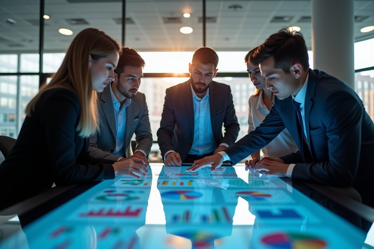 Equipe marketing créative autour d'une table tactile moderne