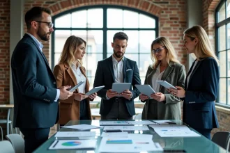 Groupe de professionnels français en réunion dans un bureau moderne