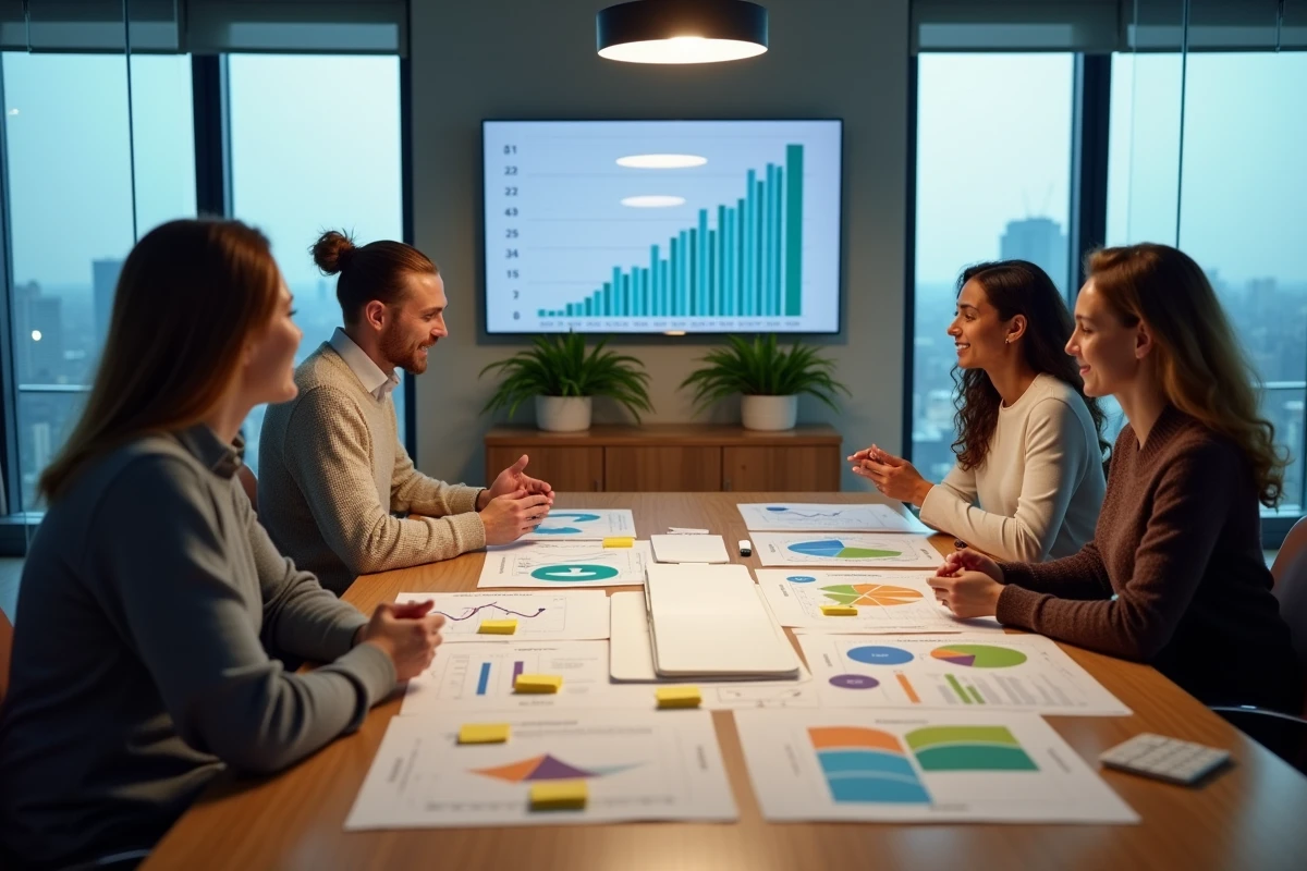 Équipe pluridisciplinaire travaillant sur une feuille de route RSE avec des graphiques de données ESG lors d'une réunion collaborative