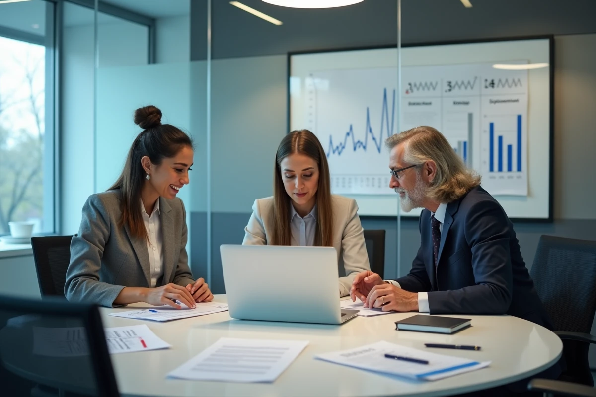 Équipe professionnelle en réunion stratégique pour optimiser l'efficacité et la visibilité de leur entreprise grâce aux outils numériques