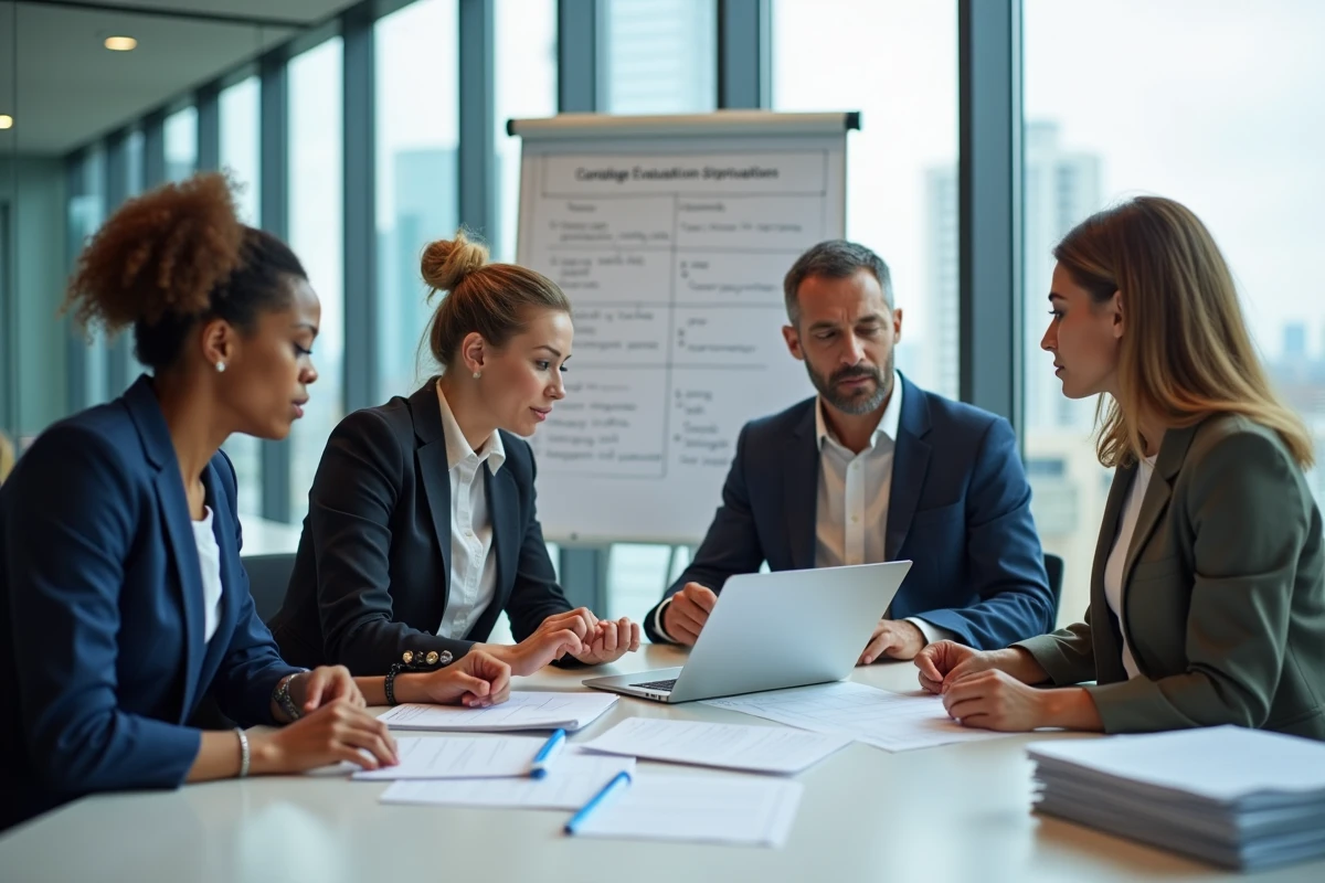 Équipe RH analysant les résultats d'un processus de recrutement test autour d'une table de réunion avec grilles d'évaluation et fiches candidats