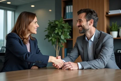 Deux coll&egrave;gues d'affaires se serrant la main dans un bureau moderne