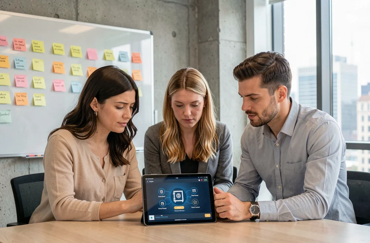 Équipe de petite entreprise analysant un tableau de bord de sécurité des données sur une tablette lors d'une réunion