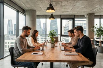 Espace de coworking moderne à Courbevoie avec vue sur La Défense et professionnels au travail