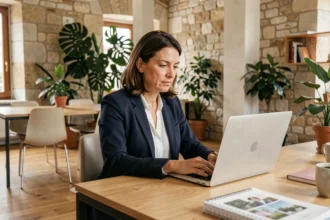 Femme travaillant dans un espace de coworking moderne à La Rochelle avec des murs en pierre apparente