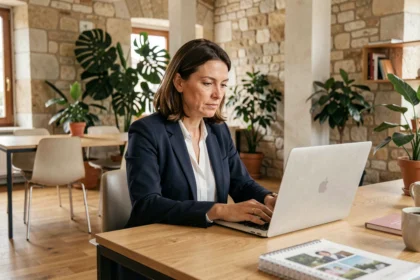 Femme travaillant dans un espace de coworking moderne à La Rochelle avec des murs en pierre apparente