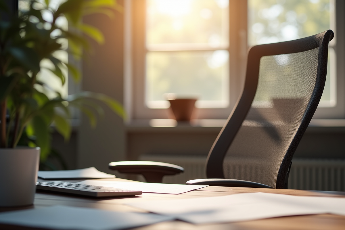 Espace de travail moderne avec chaise vide et bureau