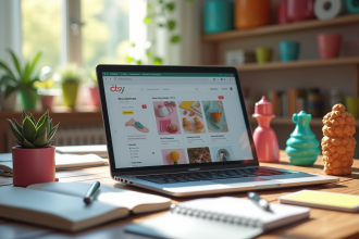 Espace de travail créatif avec ordinateur et artisanat Etsy