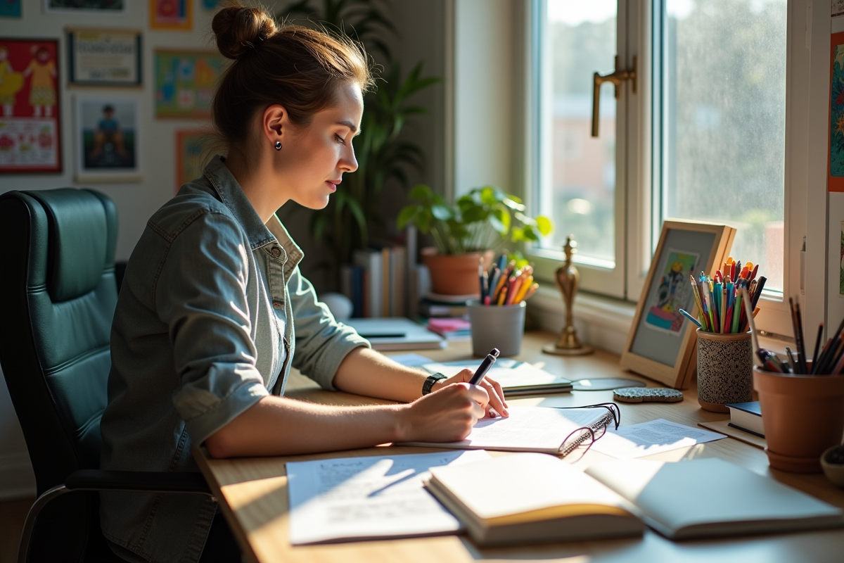 Professionnel créatif travaillant à son bureau à la maison avec des matériaux colorés