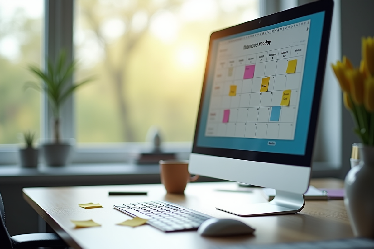 Espace de travail moderne avec calendrier numérique lumineux