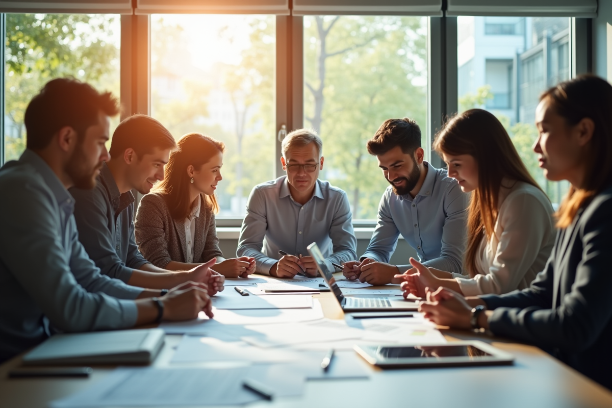 Espace de travail moderne avec équipe marketing en réunion