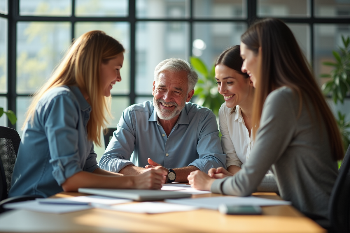 Espace de travail dynamique avec un retraité souriant collaborant