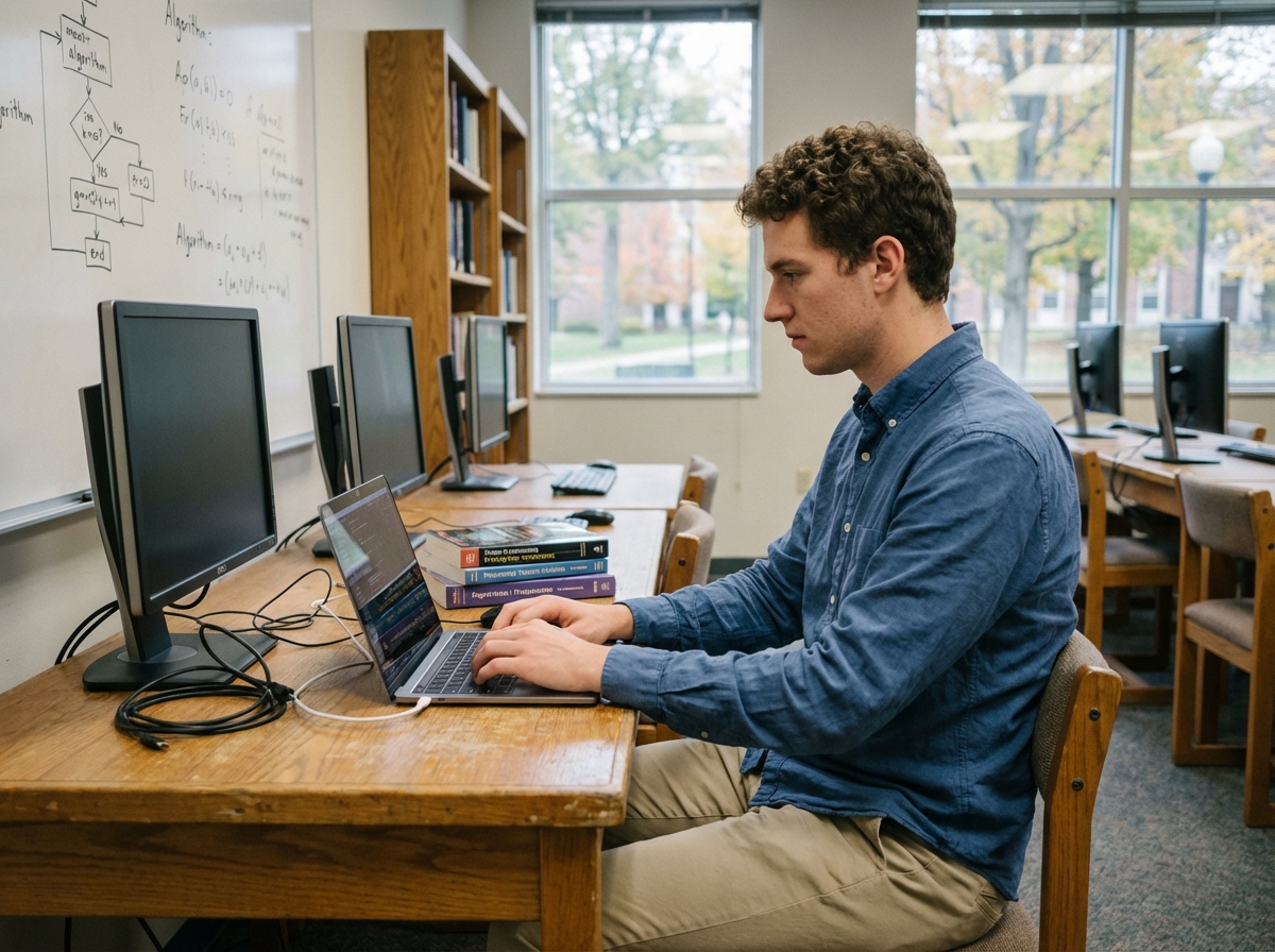 Etudiant en code dans laboratoire informatique calme