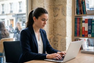 Jeune femme étudiante à Paris concentrée sur son ordinateur