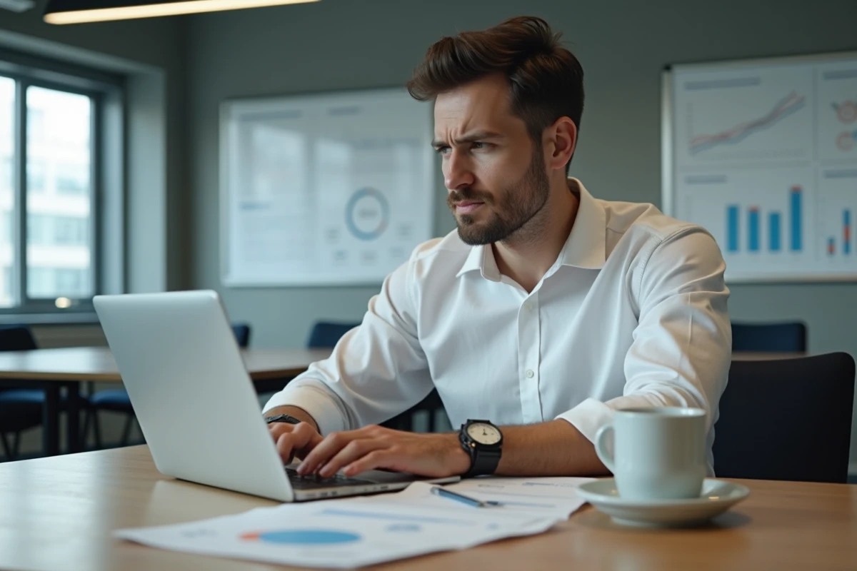 Expert-comptable évaluant un tableau de bord de logiciel comptable en salle de réunion