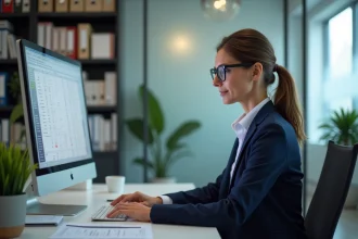 Experte-comptable analysant un logiciel de comptabilité sur ordinateur dans un bureau professionnel moderne