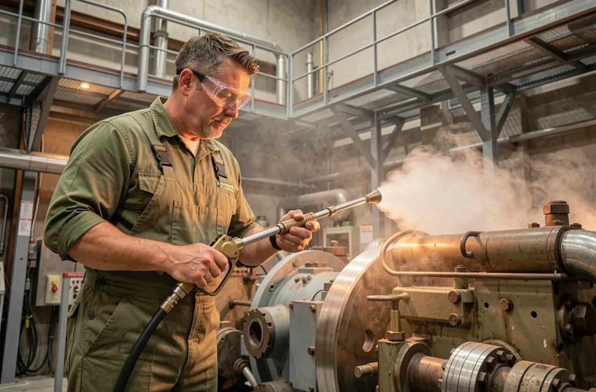 Ouvrier Fabien Gouze La Propreté Industrielle nettoyant des équipements industriels à la vapeur haute pression