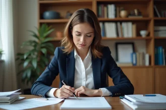 Femme d'affaires examine des documents officiels dans un bureau