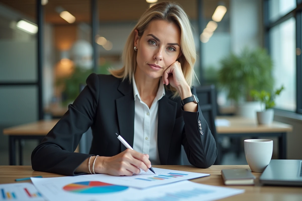 Femme d'affaires en réunion avec graphiques financiers